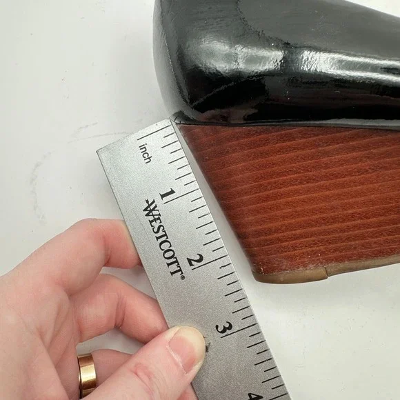 Tory Burch Lowell Wedge Heels Womens 7M Black Patent Leather Peep Toe Luxury CEO - Picture 10 of 10